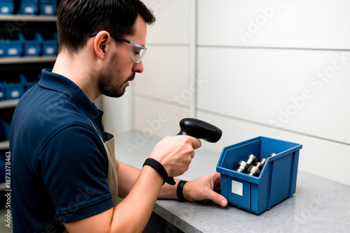Warehouse worker scans barcode on blue parts bin for inventory management.