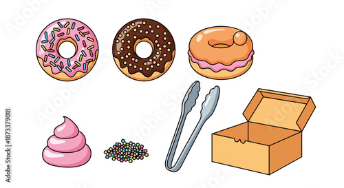 Colorful Cartoon Donuts in an Open Box with Frosting and Sprinkles, Ready for a Sweet Treat or Pastry Dessert, Using Tongs for Baking, Perfect for Food Illustrations and Graphic De.