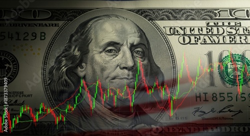 US hundred dollar bill overlaid with a stock market chart and subtle American flag.