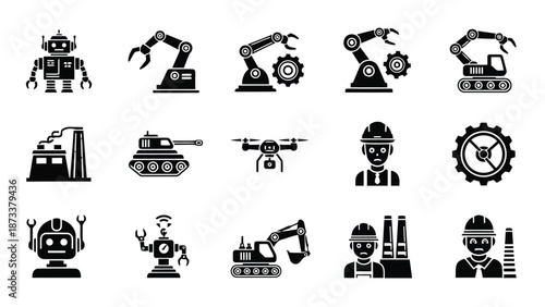 Collection of industrial robotic arms machinery and worker icons in black