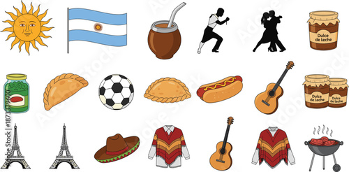 Argentina Cultural Icons Set with Flag, Mate, Tango, Food and Music Elements