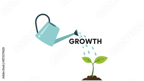 Concept of business growth shown with a light blue watering can nourishing a small green sprout on a white background.
