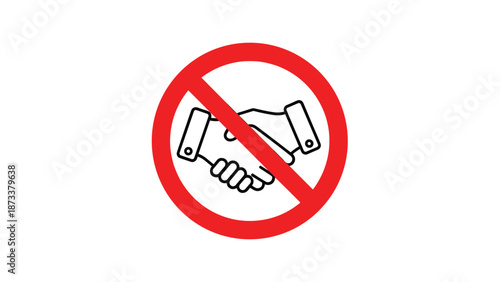 Social distancing handshake prohibition sign featuring a red circle and diagonal slash over black outlined hands.