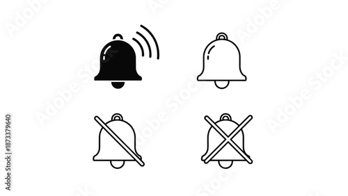Collection of notification bell icons showing different states such as active alerts, silent mode, and disabled sounds.