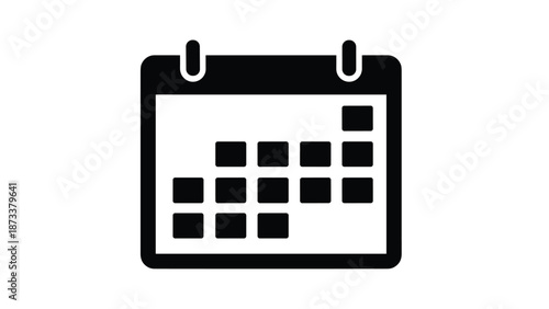 Simple black calendar icon with a grid pattern used for scheduling, planning events, and time management concepts.