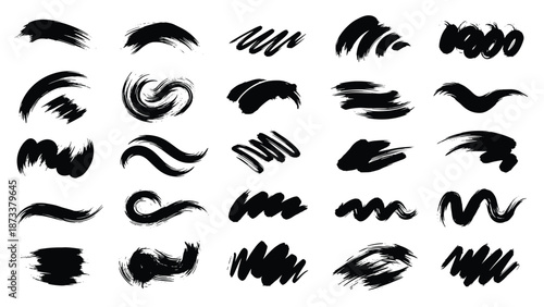 Assortment of expressive black ink brush strokes and swirls with a handmade aesthetic for artistic design projects.