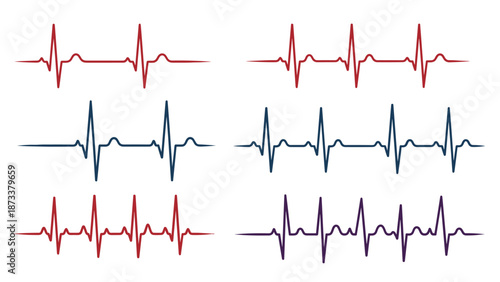 Variety of heartbeat pulse lines and ECG wave patterns in red, blue, and purple colors for medical and health designs.