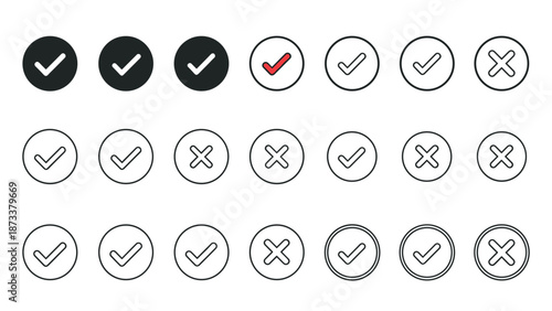 Comprehensive collection of checkmark and cross icons in various styles for indicating positive and negative results.