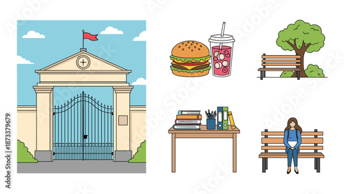 Educational elements collage including a school gate, a desk with books, a fast food snack, and a person on a bench.