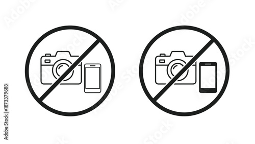 No photography sign set prohibiting the use of cameras and mobile phones in restricted areas with a red slash design.