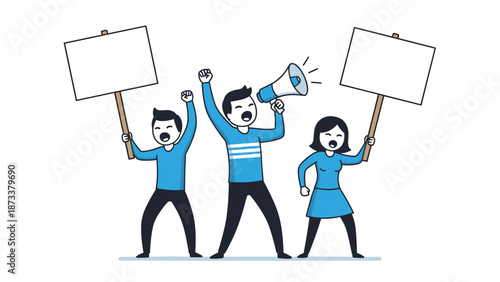 Group of activists protesting together with blank signs and a megaphone to voice their opinions and seek social change.