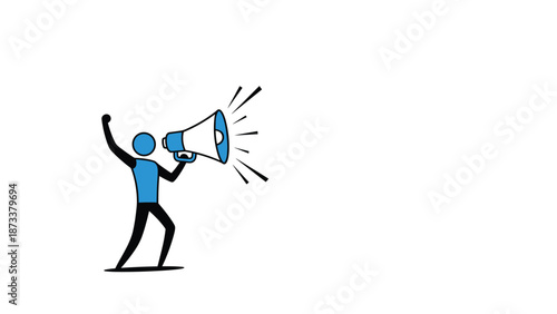 Energetic stick figure character shouting through a large blue megaphone to make an announcement or lead a protest.