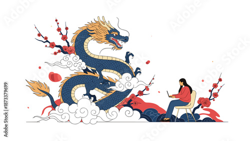 Artistic illustration of a young woman working on her laptop with a large majestic oriental dragon in the background.