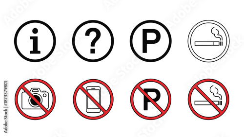 Public information and warning sign collection including parking, info, no smoking, and no cameras for facility and navigation signage.