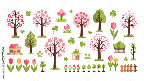 Large set of garden and spring elements including blooming trees, flowers, small houses, and clovers for cute seasonal landscape illustrations.