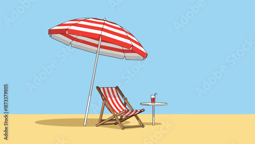 Summer beach scene illustration with a striped umbrella, a deck chair, and a cold drink on a table against a clear blue sky and yellow sand.
