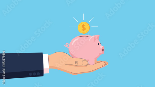 Business hand holding a pink piggy bank with a floating gold dollar coin to represent financial savings, banking, and investment strategies.