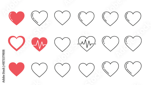 Grid of heart icons in different styles including solid red, thin outlines, and heartbeat lines for medical or romantic health-related themes.