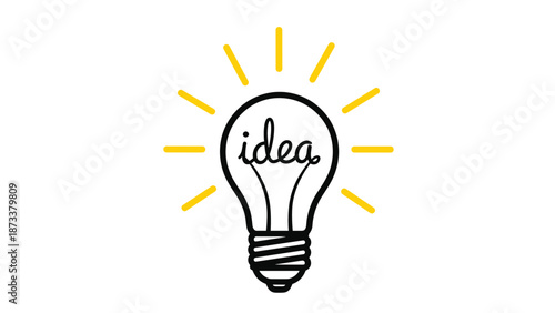Creative light bulb illustration with the word idea written inside and yellow glowing rays to represent inspiration and new innovative thoughts.