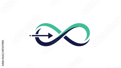 Teal and dark blue infinity symbol combined with a horizontal arrow to represent continuous motion, infinite possibilities, and endless loops.