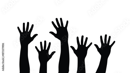 Group of human hands raised high in silhouette to represent voting, volunteering, social participation, and celebration in a communal setting.