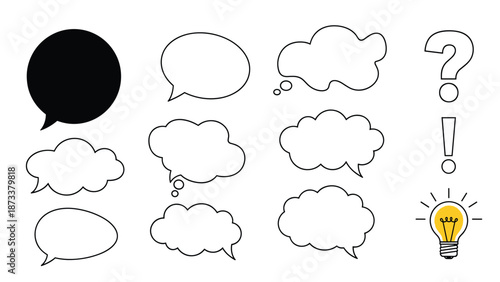 Selection of empty speech and thought bubbles with icons for questions, ideas, and exclamation points for communication and graphic design.
