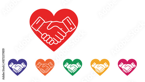 Red heart containing a white handshake symbol with variations in multiple colors to represent love, community peace, and charitable support.