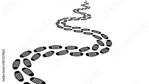 Footprints from shoes forming a long winding path that leads into the distance on a white background to represent a personal journey or track.