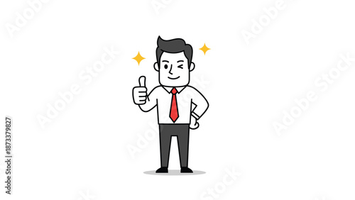 Cheerful cartoon businessman giving a thumbs up and winking with stars for success, showing positive feedback, approval, and job satisfaction.