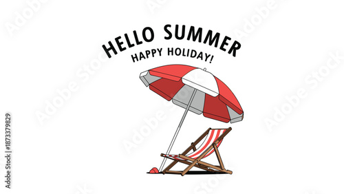 Hello Summer graphic with a beach chair and umbrella under a cheerful holiday message to promote vacation travel and seasonal enjoyment.