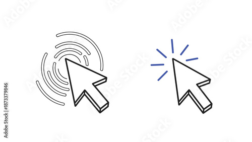 Set of digital mouse cursor icons showing interaction with concentric circles and blue radiation lines for clicking.