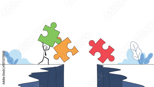 Business stick figure bridging a mountain gap using colorful puzzle pieces represents teamwork and problem solving.