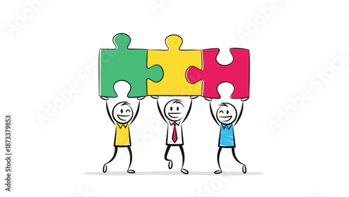 Group of three happy stick figures working together to hold up connected colorful puzzle pieces representing unity.