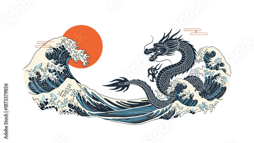 Majestic black dragon soaring through powerful ocean waves against a rising red sun in traditional japanese style.