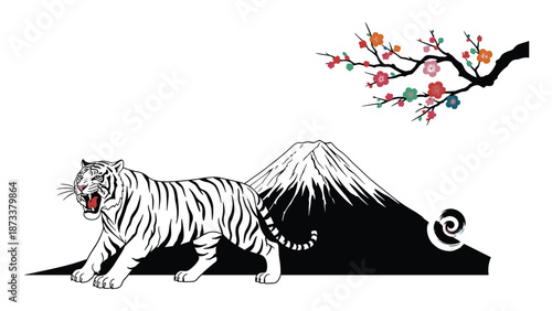 Powerful white tiger walking in front of mount fuji with a flowering cherry blossom branch in japanese art style.