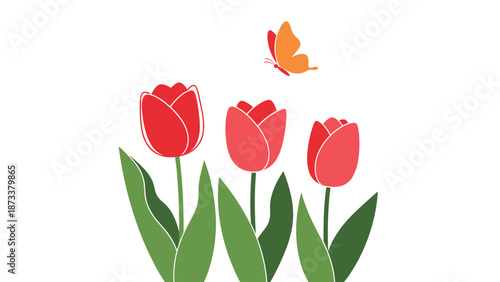 Beautiful arrangement of three red tulips with green leaves and a small orange butterfly fluttering above them.