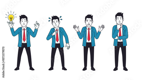 Set of four businessmen characters expressing different professional emotions including idea worry and confusion.