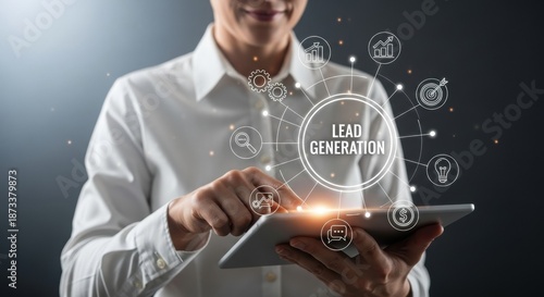 Woman using tablet with lead generation infographic. Business and marketing concept.