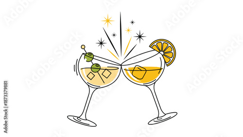 Two elegant cocktail glasses clinking together with sparks and garnishes to celebrate a special occasion or toast.