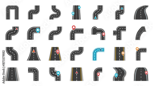Large collection of road map icons with various turns junctions and navigation pins for traffic and travel planning.