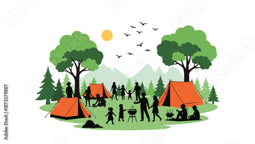 Scenic landscape silhouette of families camping with orange tents under a sun among trees mountains and birds.