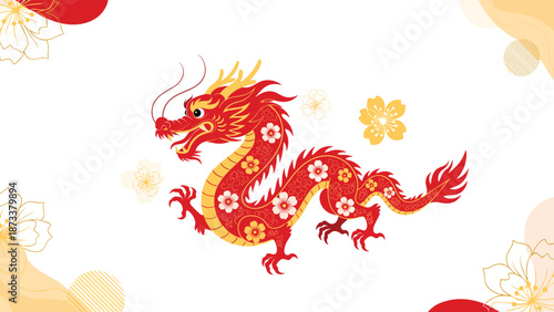 Intricate red chinese dragon with floral motifs and golden accents celebrating traditional culture on white background.