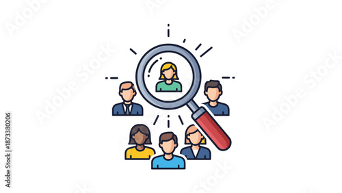 Recruitment concept shows a magnifying glass focusing on a woman within a diverse group of people to represent hiring and talent acquisition.