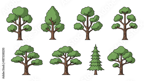 Set of eight different cartoon trees with lush green canopies and brown trunks includes a variety of shapes and one tall evergreen pine tree.