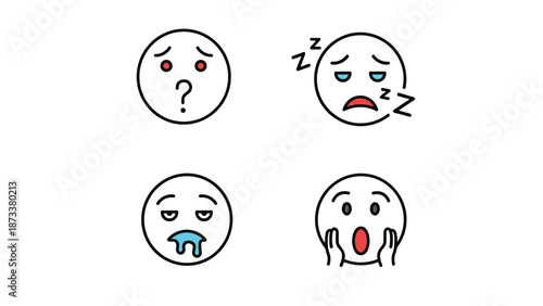 Set of four simple emoji faces depicts different common physical states including confusion, sleepiness, feeling nauseous, and being shocked.