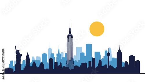 Silhouette of the New York City skyline features iconic landmarks like the Statue of Liberty and Empire State Building under a bright sun.