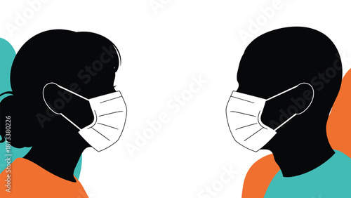 Silhouette of a man and a woman facing each other while wearing white medical face masks represents safety and health during a pandemic.
