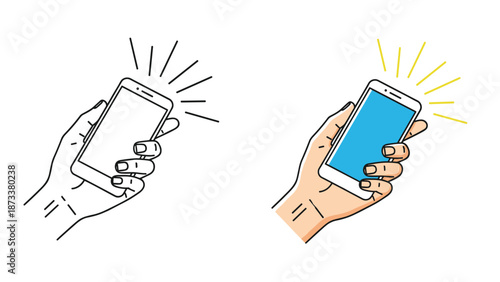 Two versions of a hand holding a glowing smartphone are shown in black and white and color to represent mobile technology and connectivity.