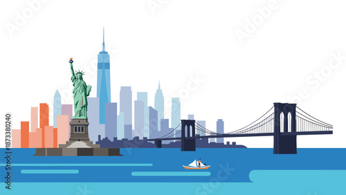 Modern flat vector illustration depicts the New York City skyline with the Statue of Liberty, Brooklyn Bridge, and a sailboat on the water.