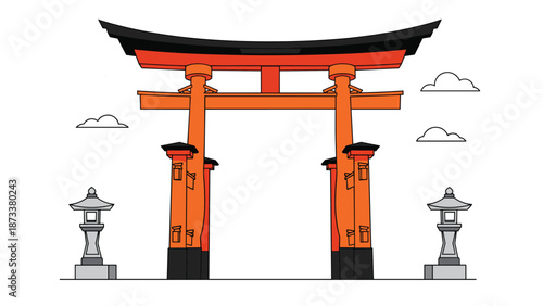 Detailed illustration of a traditional Japanese torii gate in bright orange and black is set against a simple background with clouds and lanterns.
